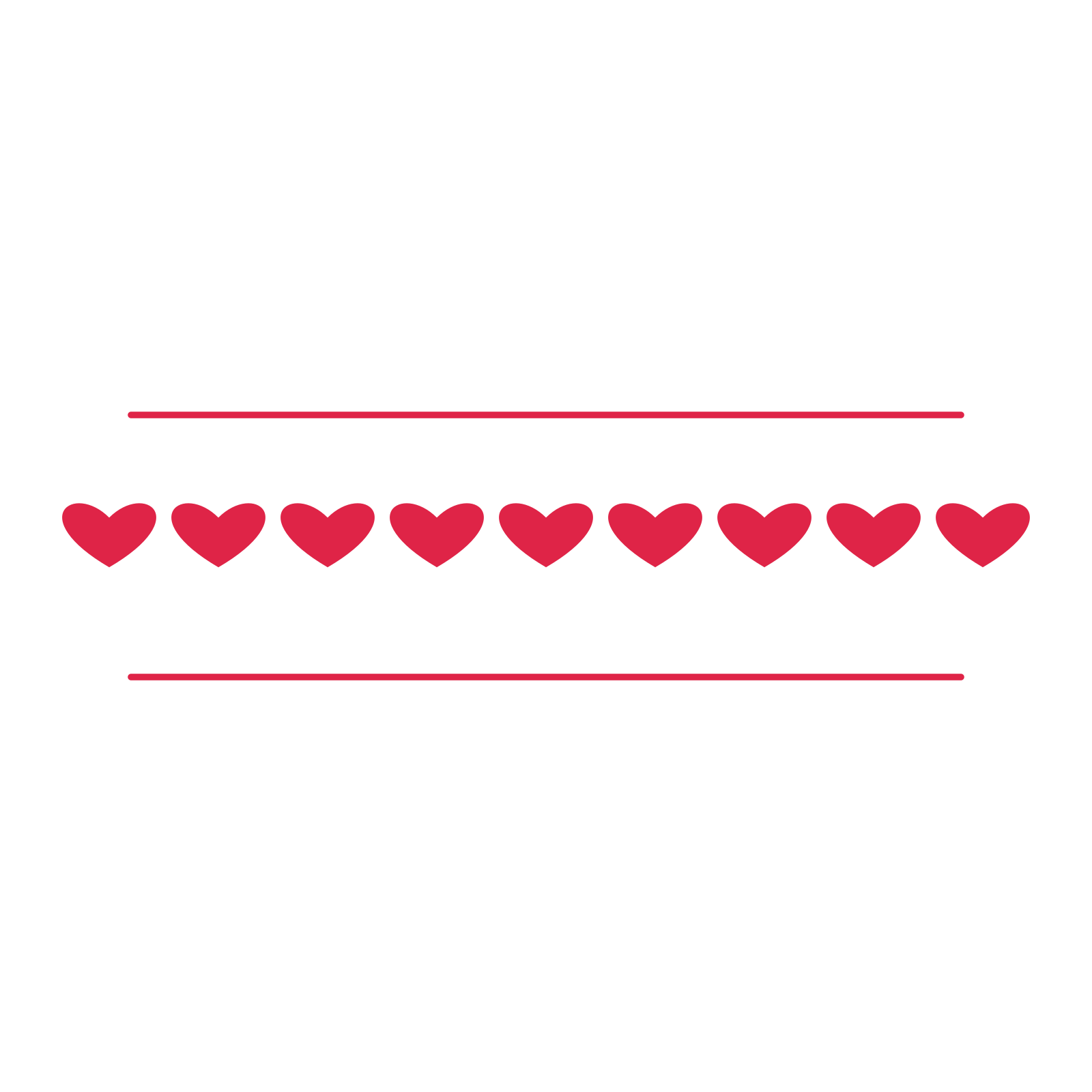 A decorative divider with 9 heart motifs arranged in a line, between two fine horizontal rules.