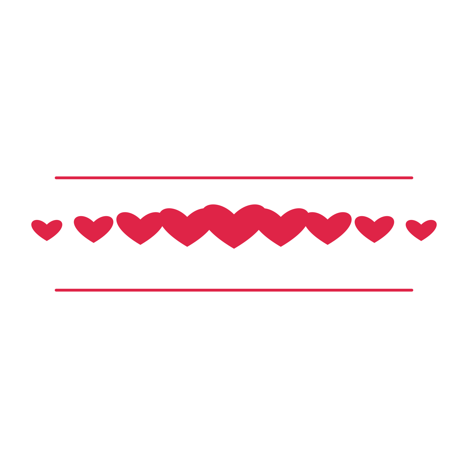 A decorative divider with 9 heart motifs arranged in a tapered, between two fine horizontal rules.