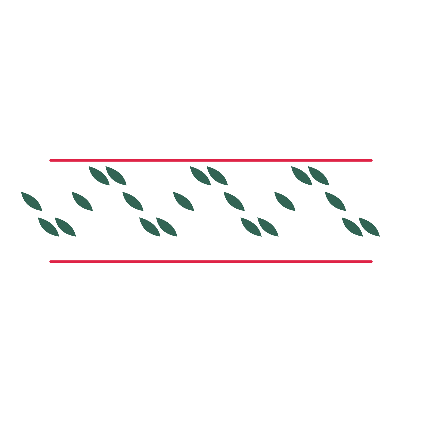 A decorative divider with 21 leaf motifs arranged in a wave, between two fine horizontal rules.