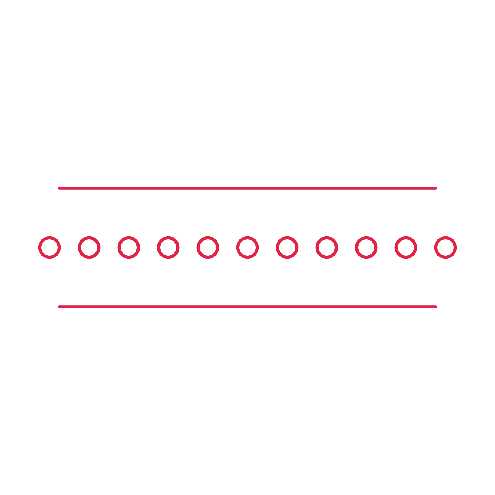 A decorative divider with 11 ring motifs arranged in a line, between two fine horizontal rules.