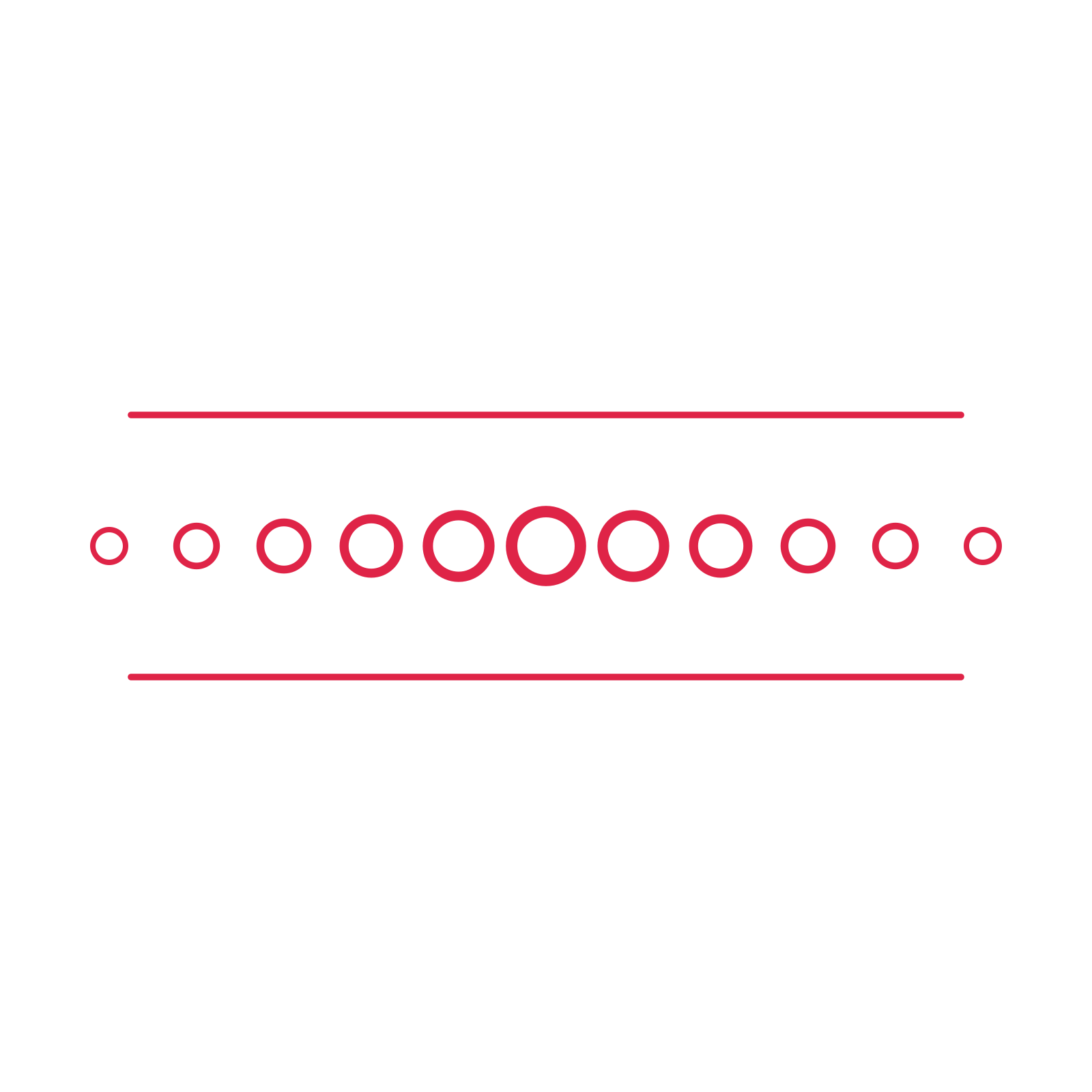 A decorative divider with 11 ring motifs arranged in a tapered, between two fine horizontal rules.