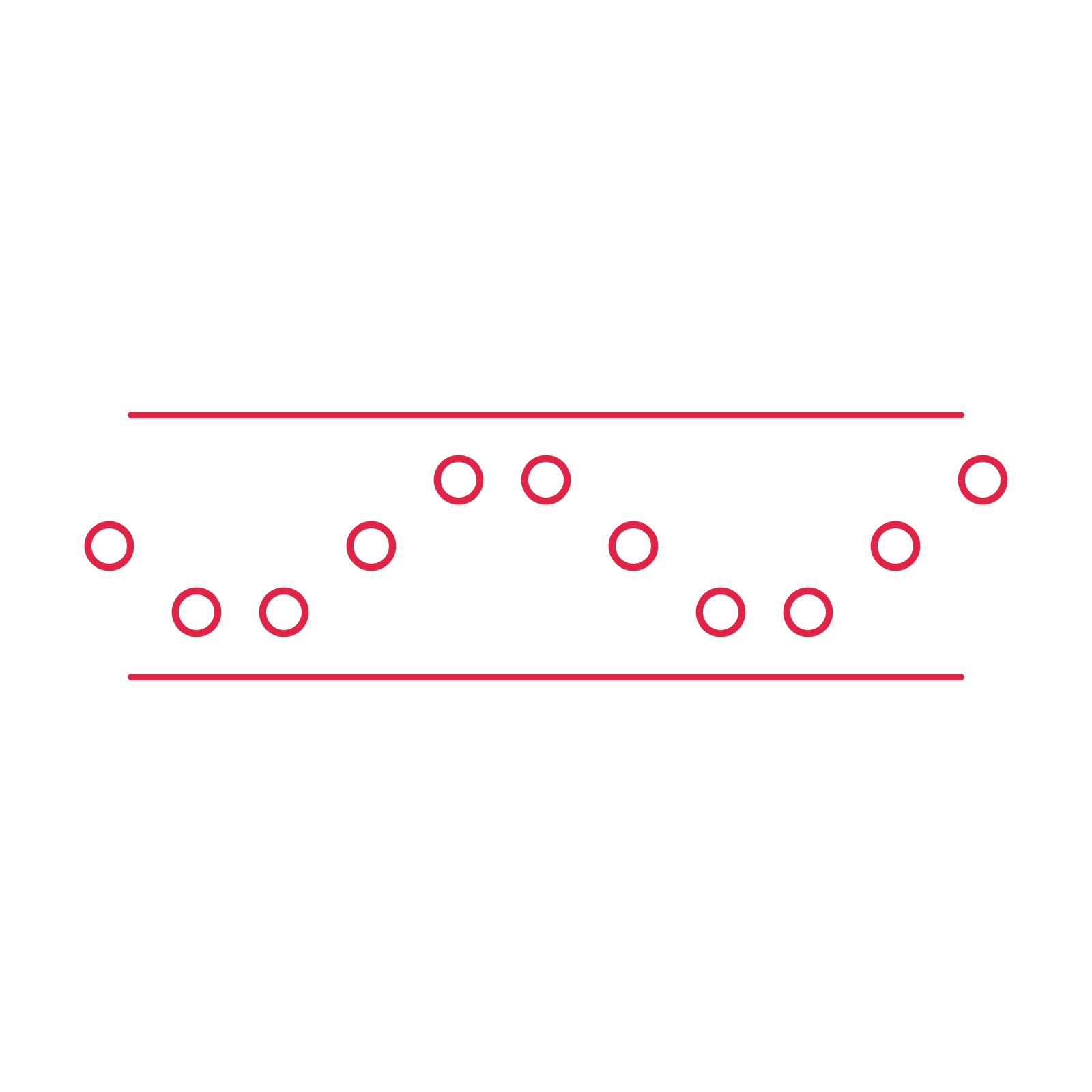 A decorative divider with 11 ring motifs arranged in a wave, between two fine horizontal rules.