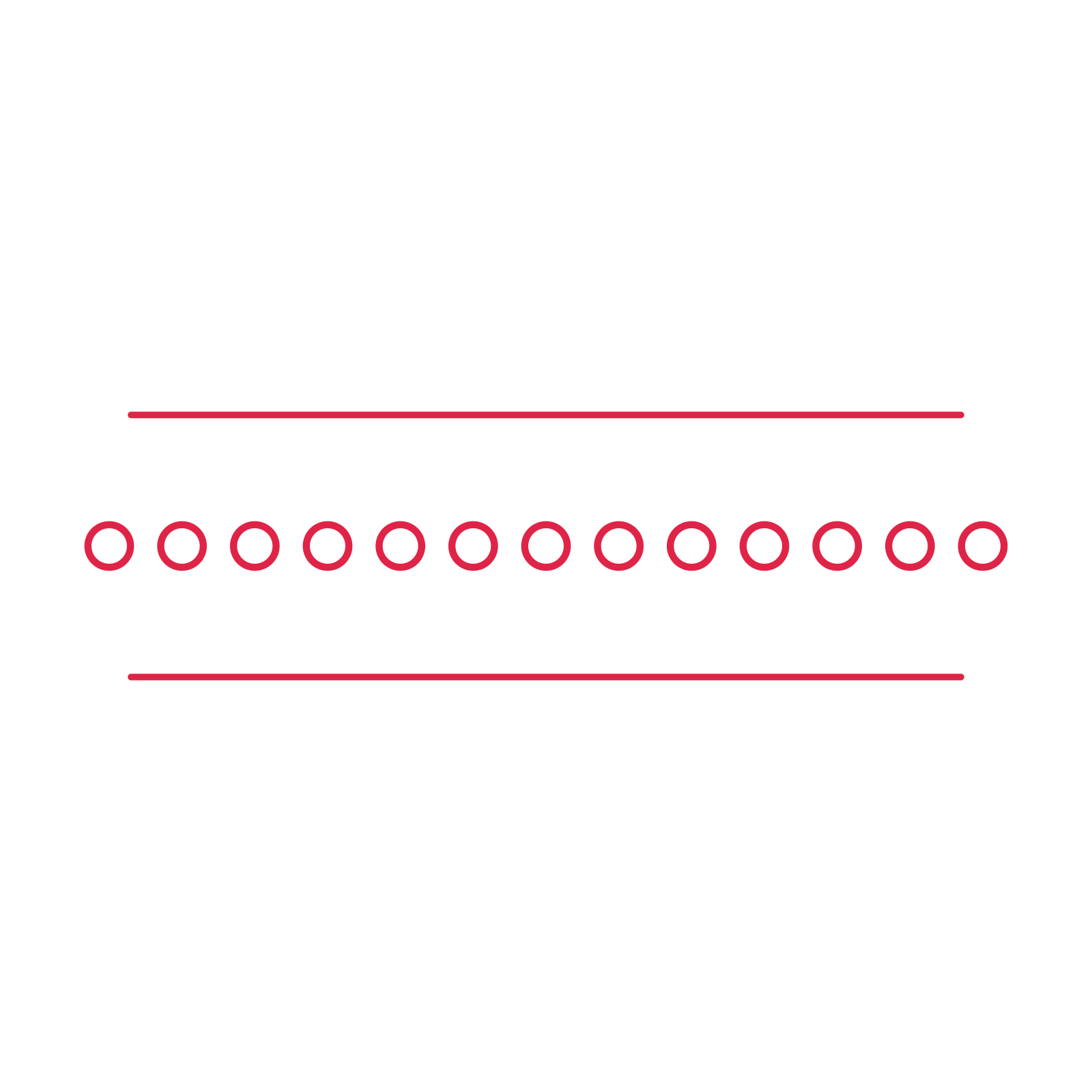 A decorative divider with 13 ring motifs arranged in a line, between two fine horizontal rules.