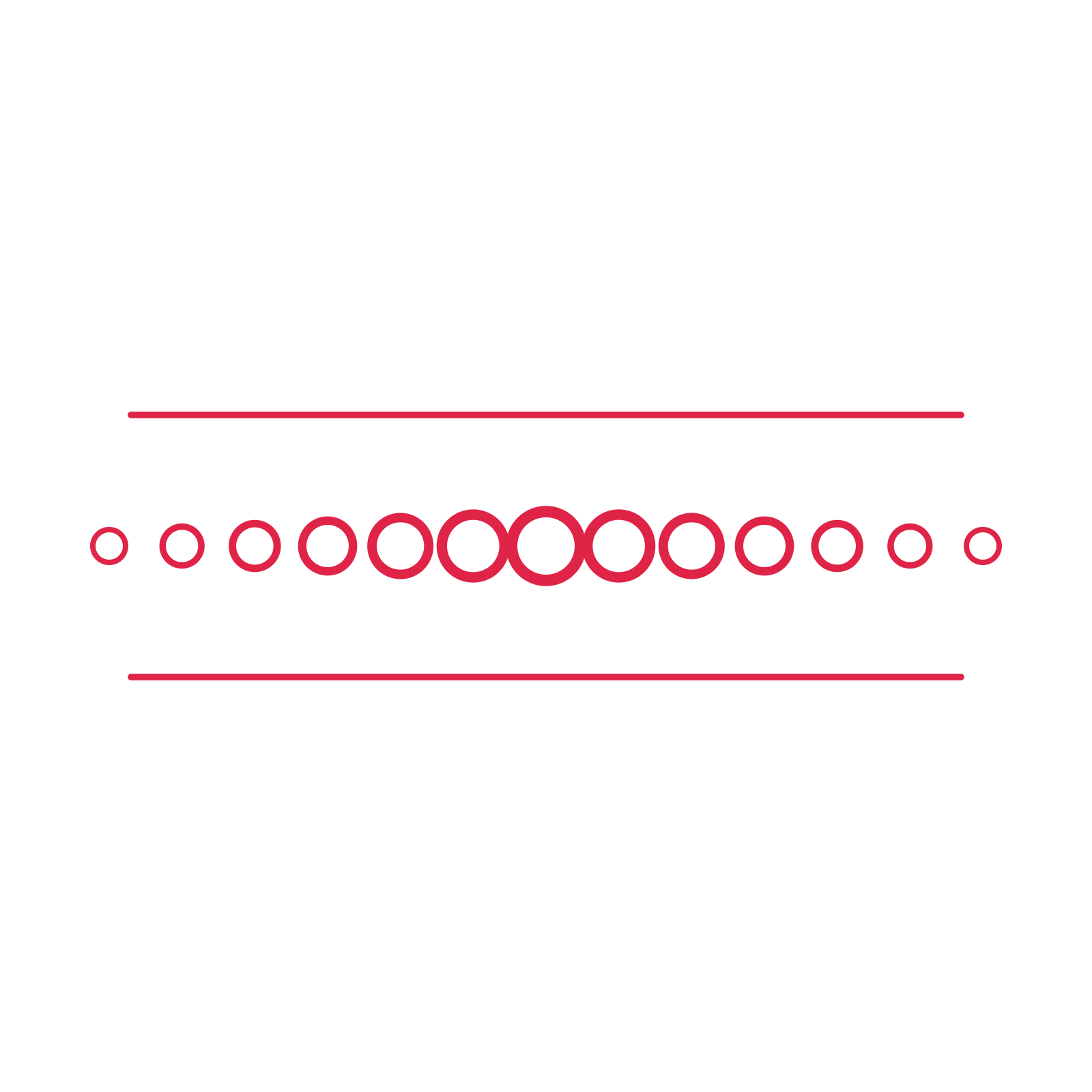A decorative divider with 13 ring motifs arranged in a tapered, between two fine horizontal rules.