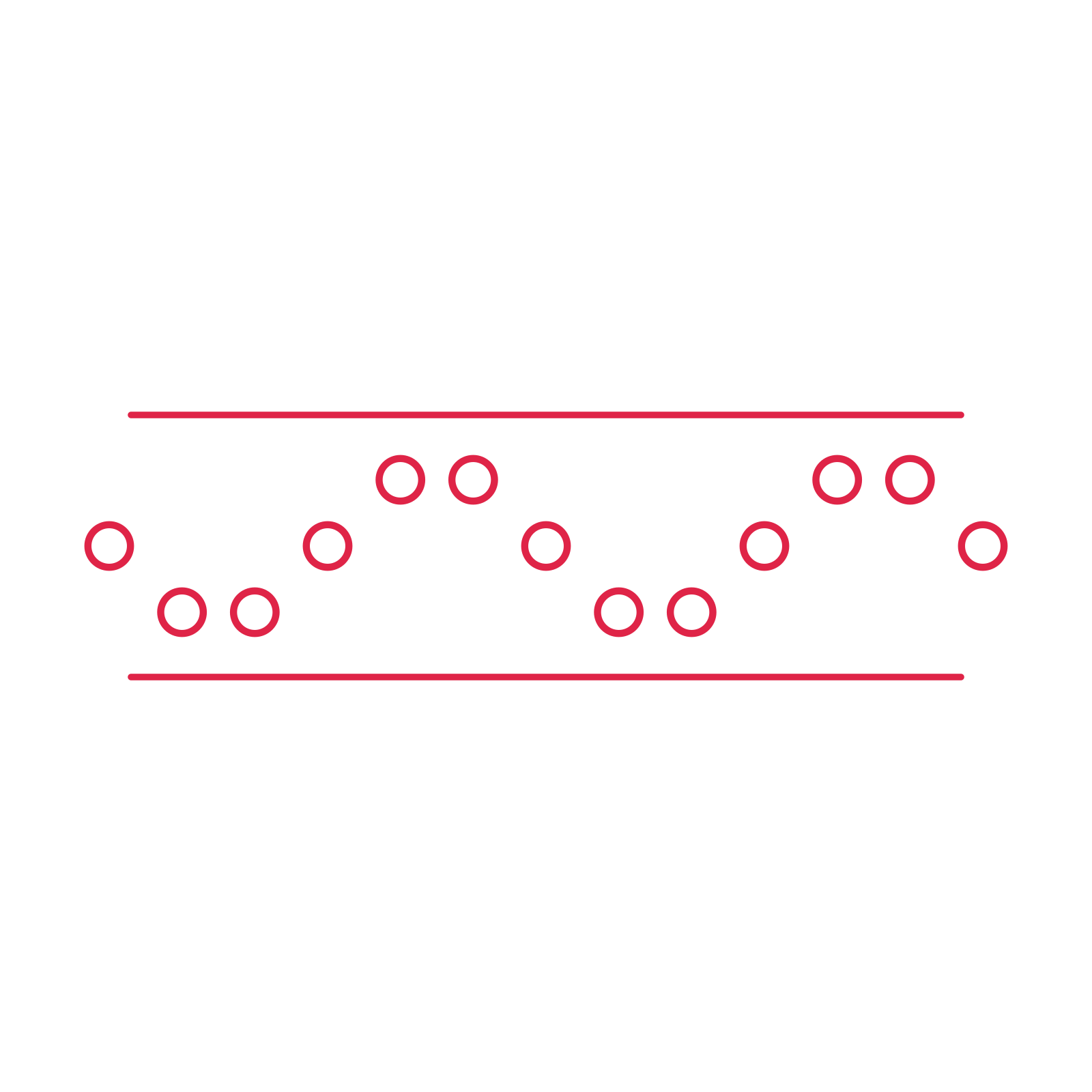 A decorative divider with 13 ring motifs arranged in a wave, between two fine horizontal rules.