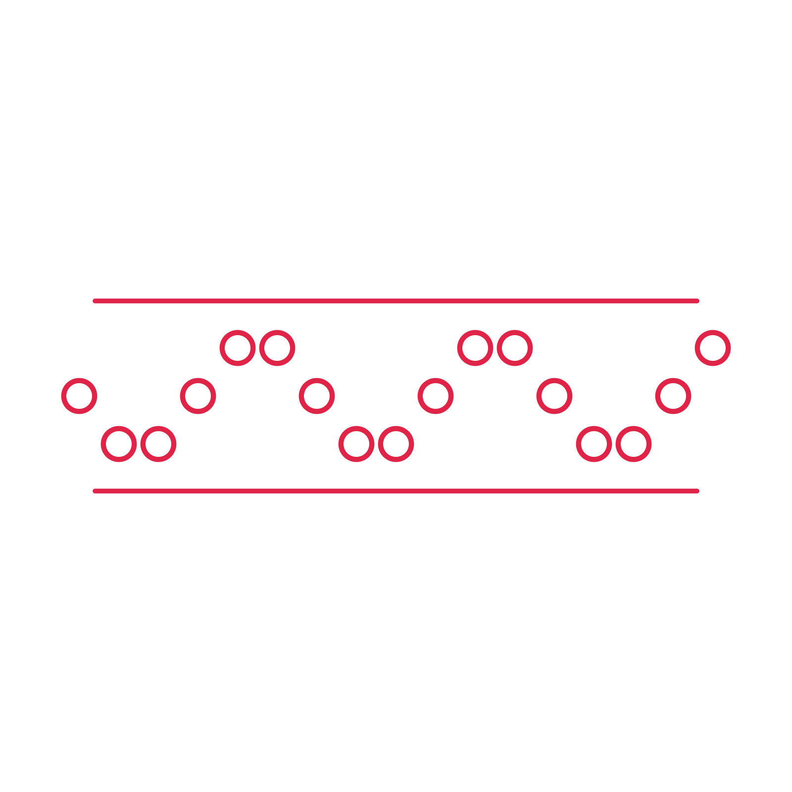 A decorative divider with 17 ring motifs arranged in a wave, between two fine horizontal rules.