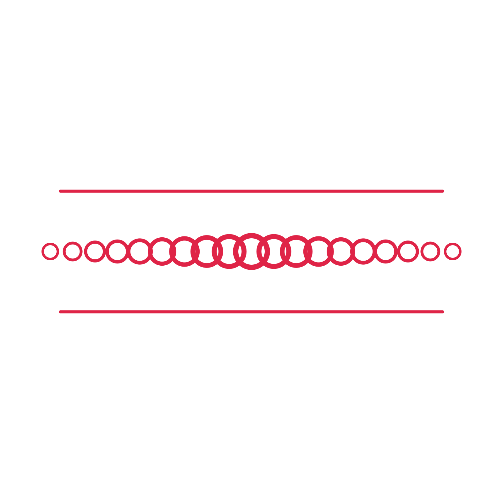 A decorative divider with 19 ring motifs arranged in a tapered, between two fine horizontal rules.