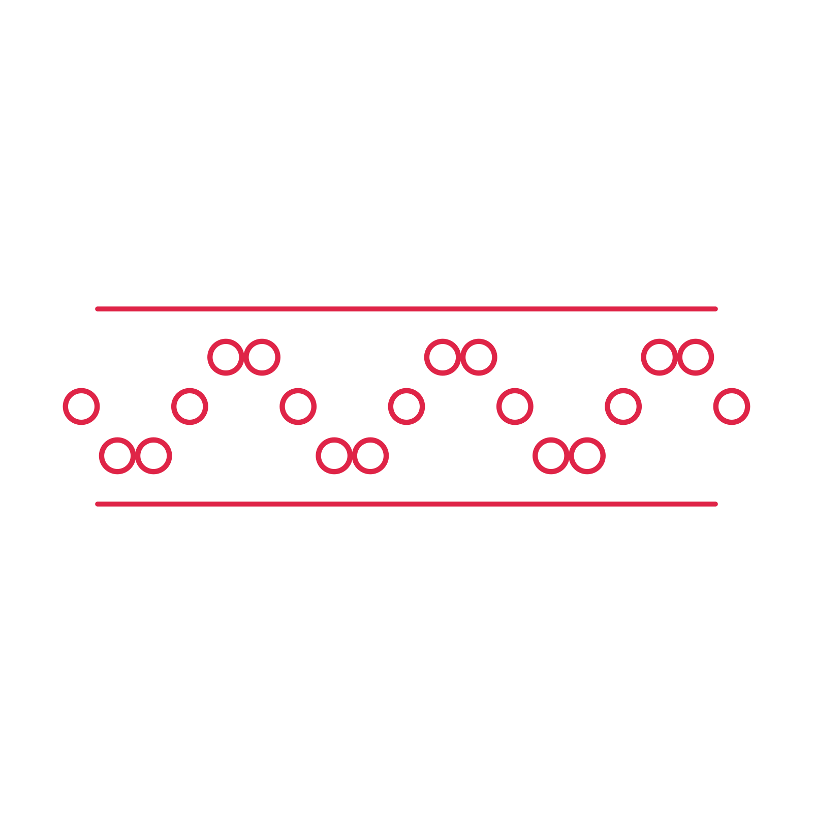A decorative divider with 19 ring motifs arranged in a wave, between two fine horizontal rules.