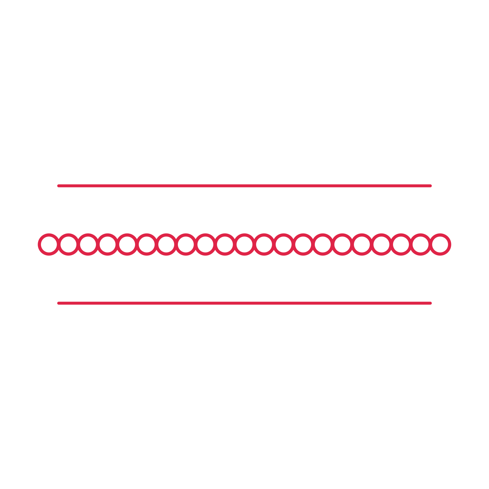 A decorative divider with 21 ring motifs arranged in a line, between two fine horizontal rules.