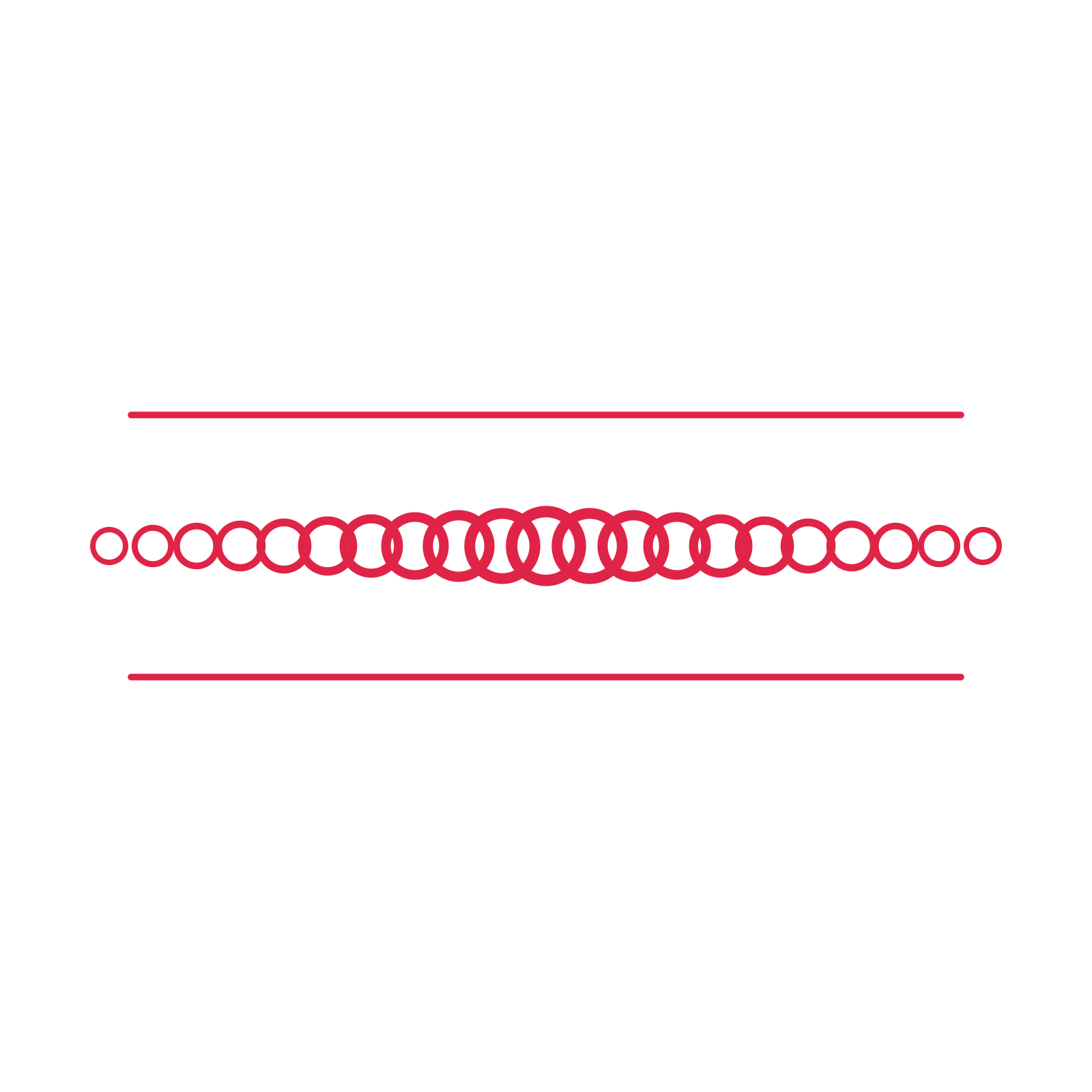 A decorative divider with 21 ring motifs arranged in a tapered, between two fine horizontal rules.