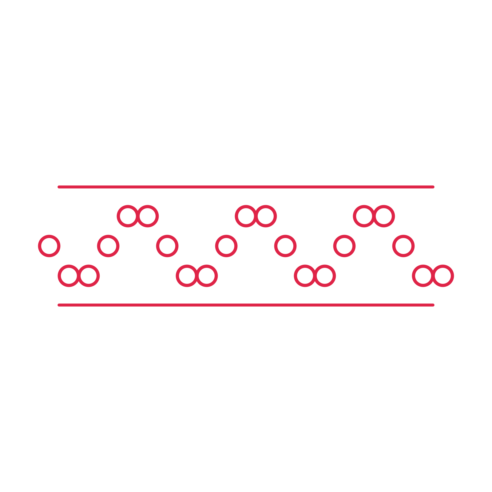 A decorative divider with 21 ring motifs arranged in a wave, between two fine horizontal rules.