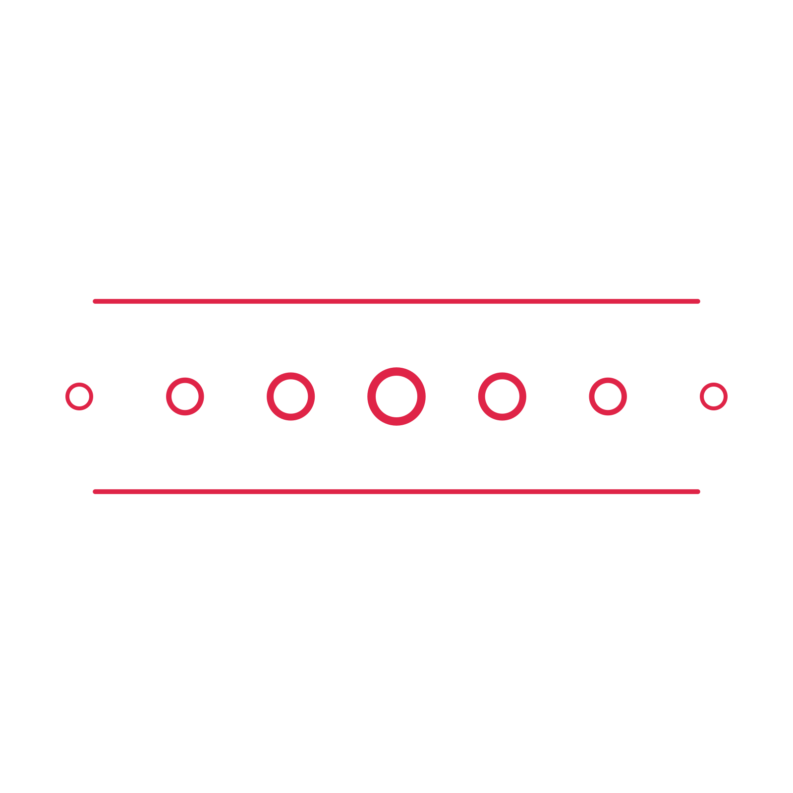 A decorative divider with 7 ring motifs arranged in a tapered, between two fine horizontal rules.