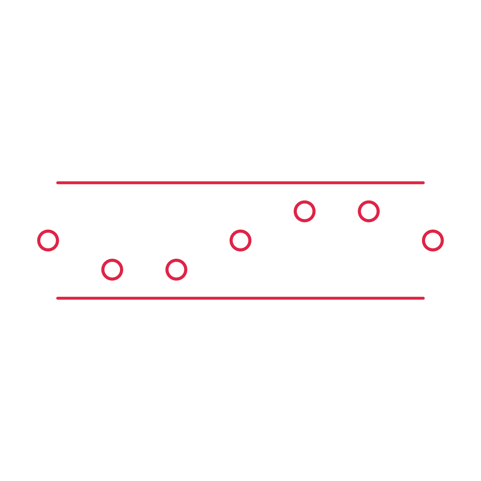 A decorative divider with 7 ring motifs arranged in a wave, between two fine horizontal rules.
