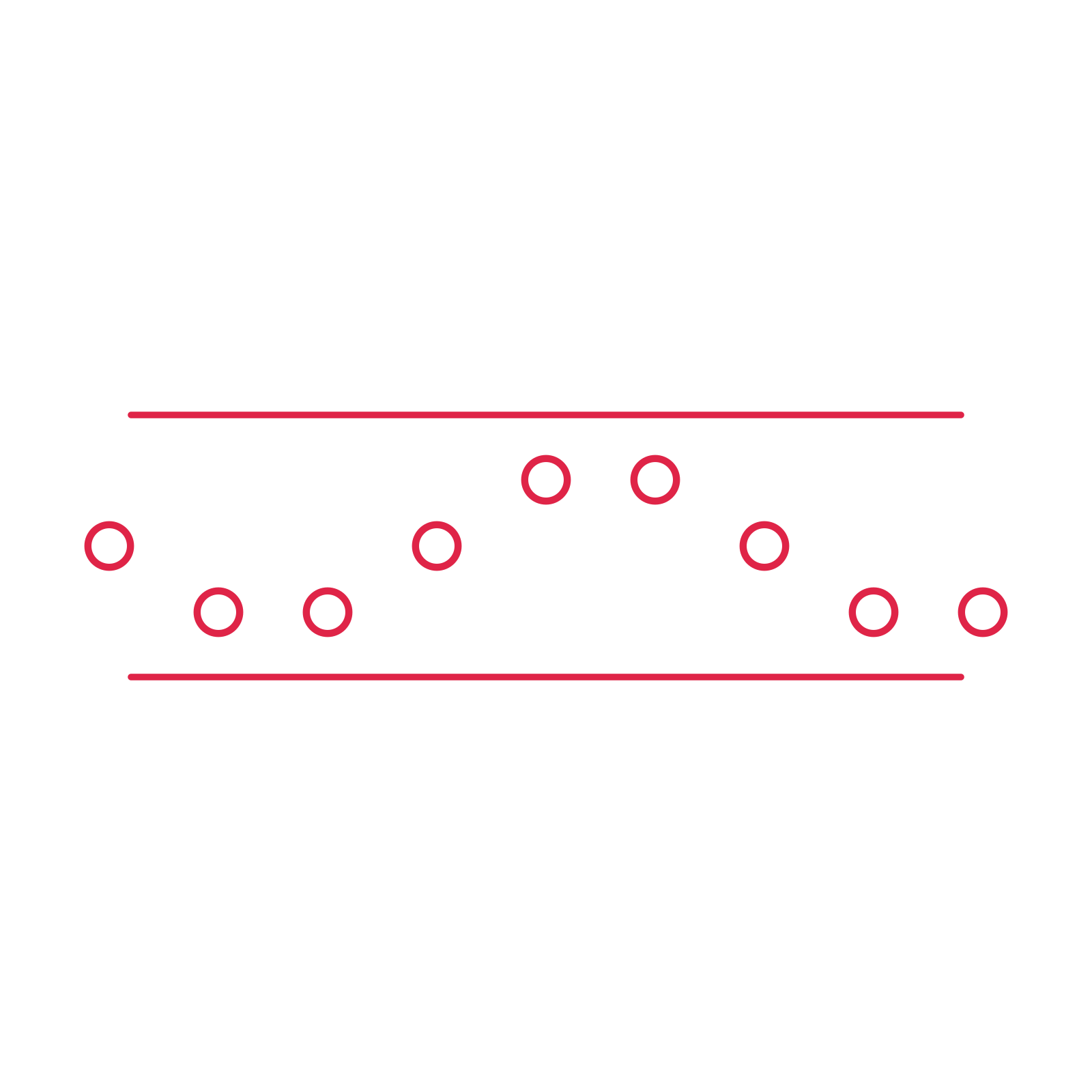 A decorative divider with 9 ring motifs arranged in a wave, between two fine horizontal rules.