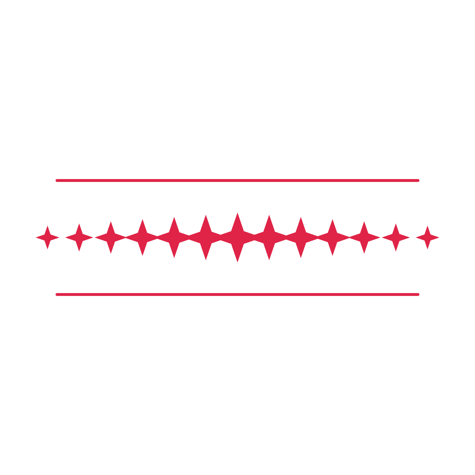 A decorative divider with 13 sparkle motifs arranged in a tapered, between two fine horizontal rules.