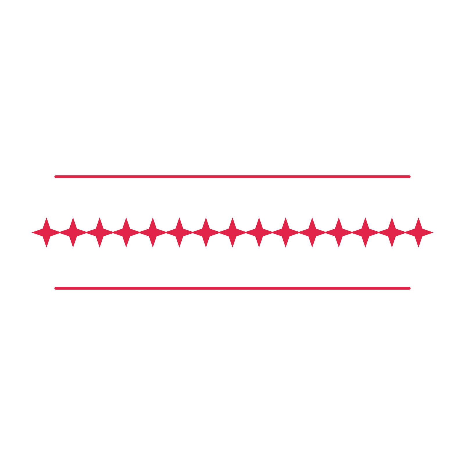 A decorative divider with 15 sparkle motifs arranged in a line, between two fine horizontal rules.