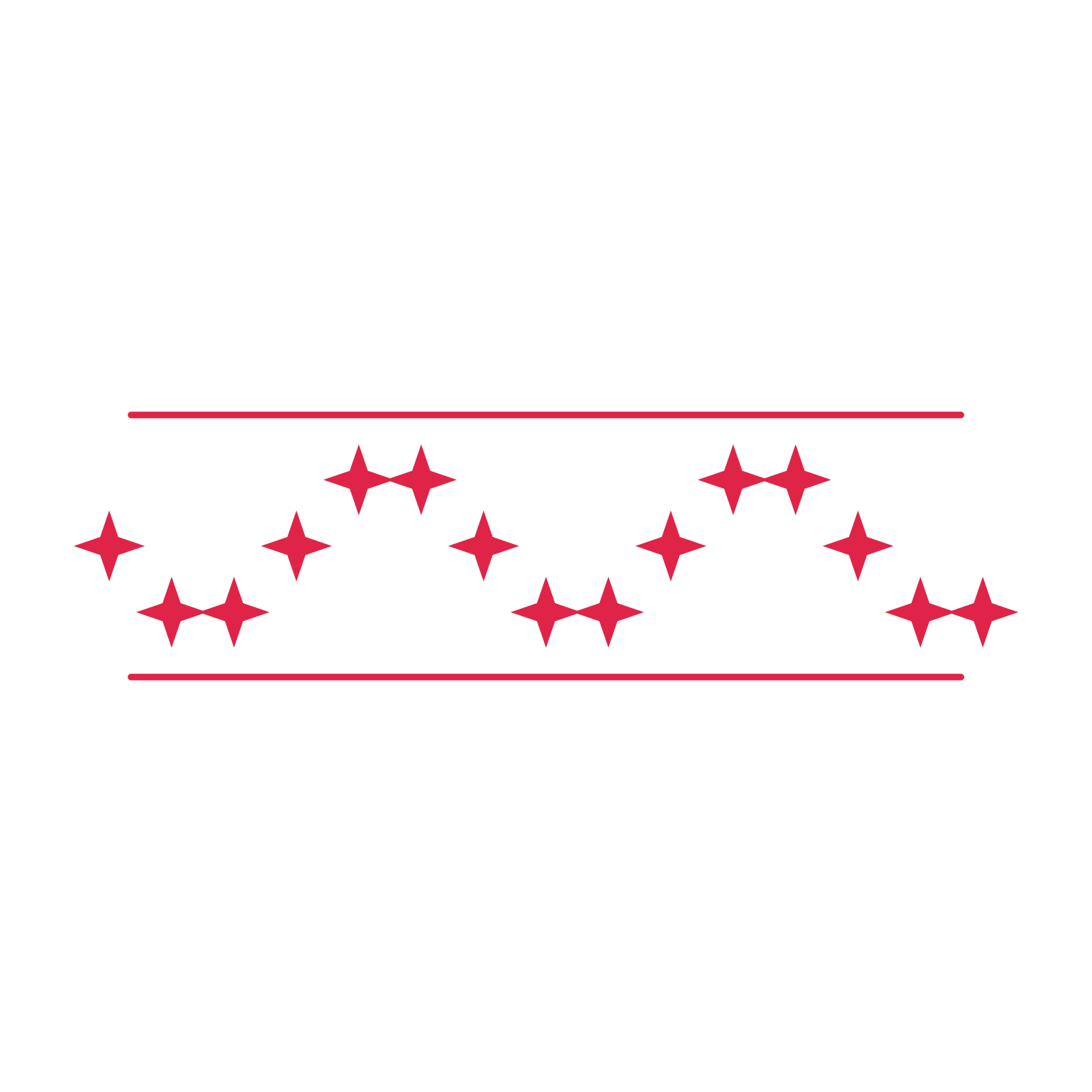 A decorative divider with 15 sparkle motifs arranged in a wave, between two fine horizontal rules.