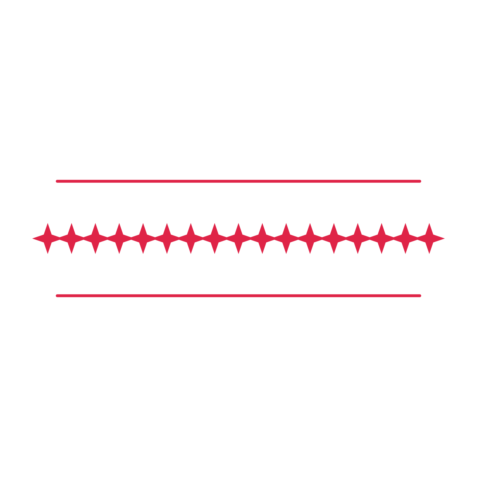 A decorative divider with 17 sparkle motifs arranged in a line, between two fine horizontal rules.