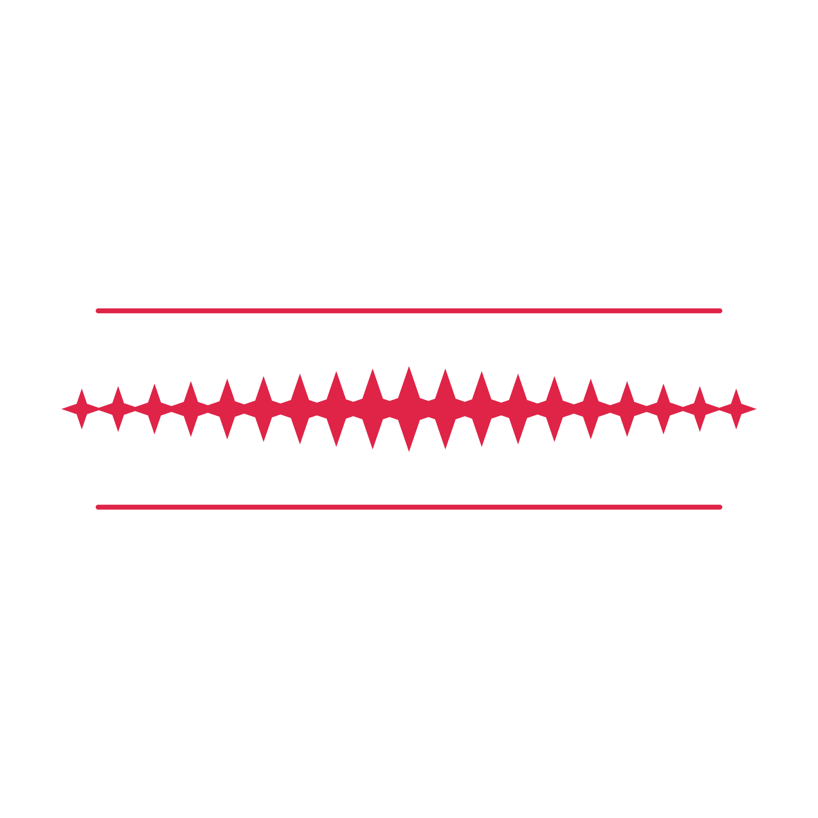 A decorative divider with 19 sparkle motifs arranged in a tapered, between two fine horizontal rules.