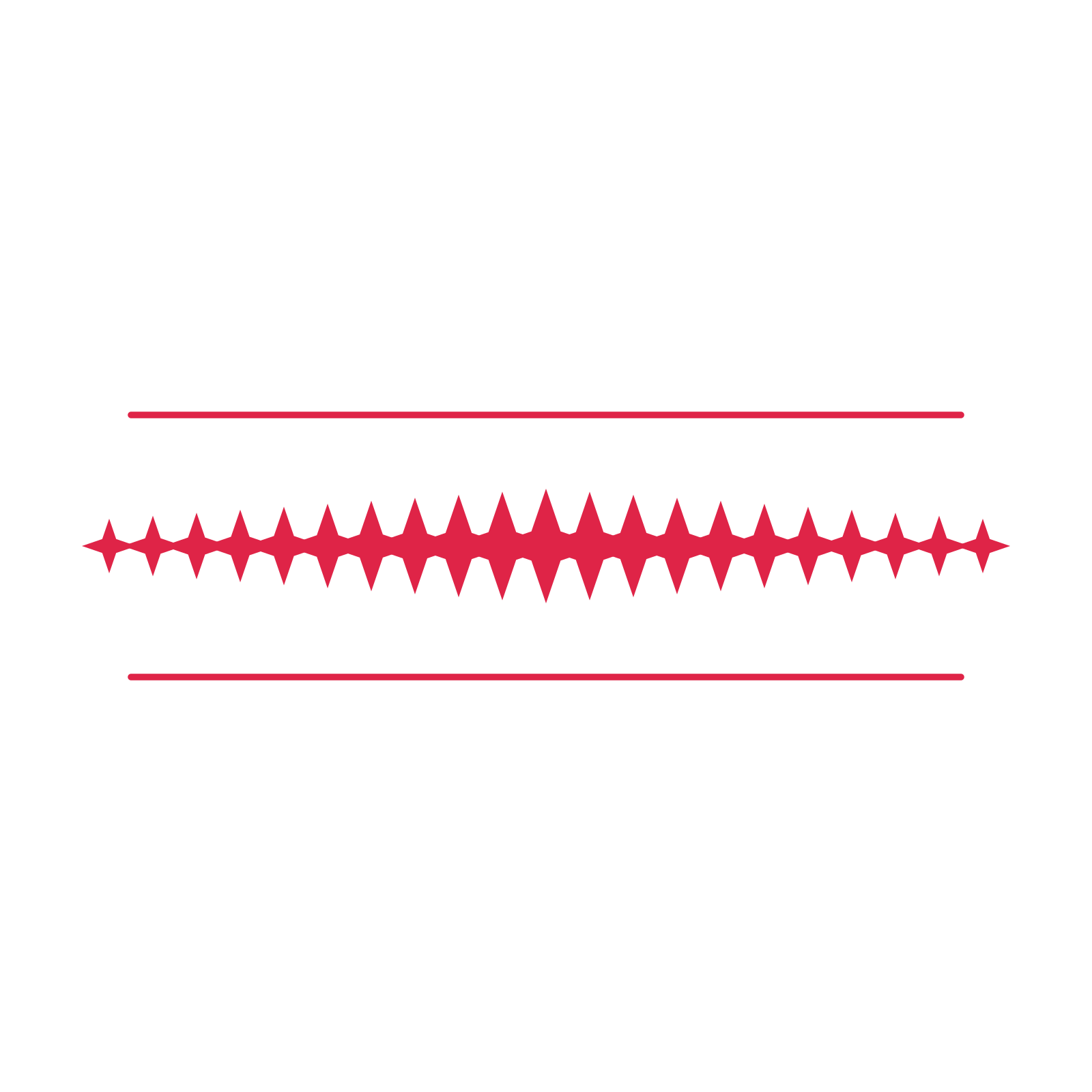 A decorative divider with 21 sparkle motifs arranged in a tapered, between two fine horizontal rules.