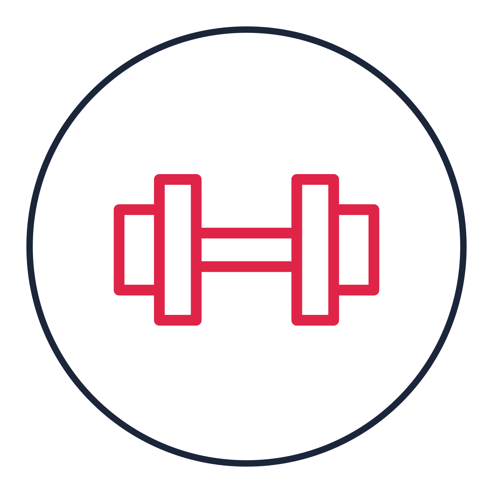 Fitness dumbbell drawn as a medallion icon with clean rounded lines.