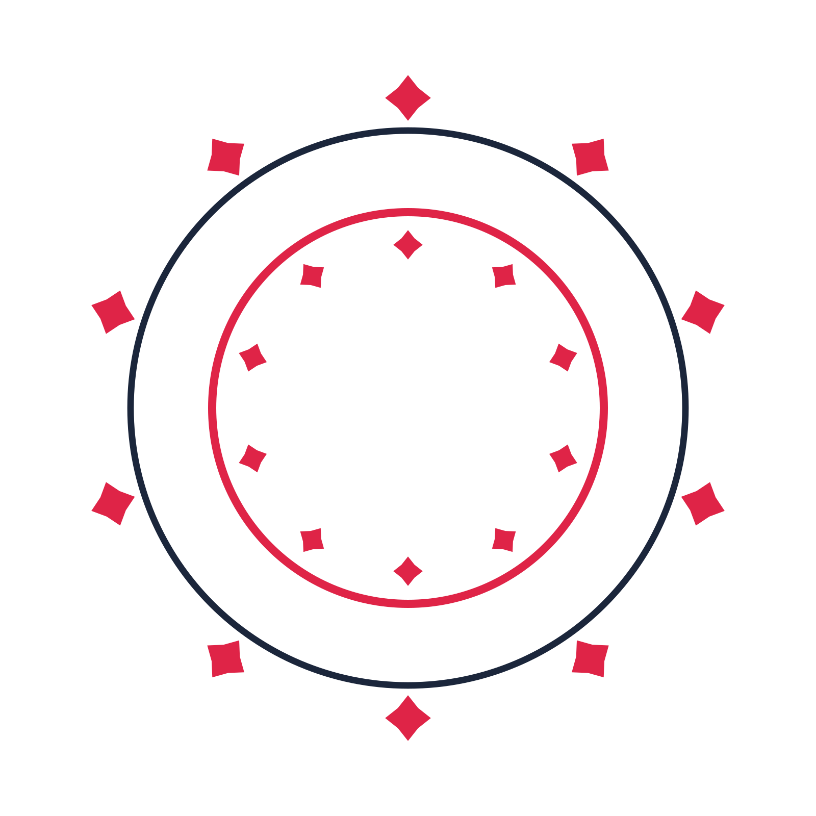 A circular emblem with 10 diamond motifs, fine concentric rings and a double orbit structure.