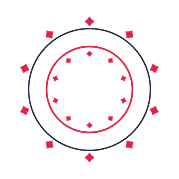 A circular emblem with 10 diamond motifs, fine concentric rings and a double orbit structure.