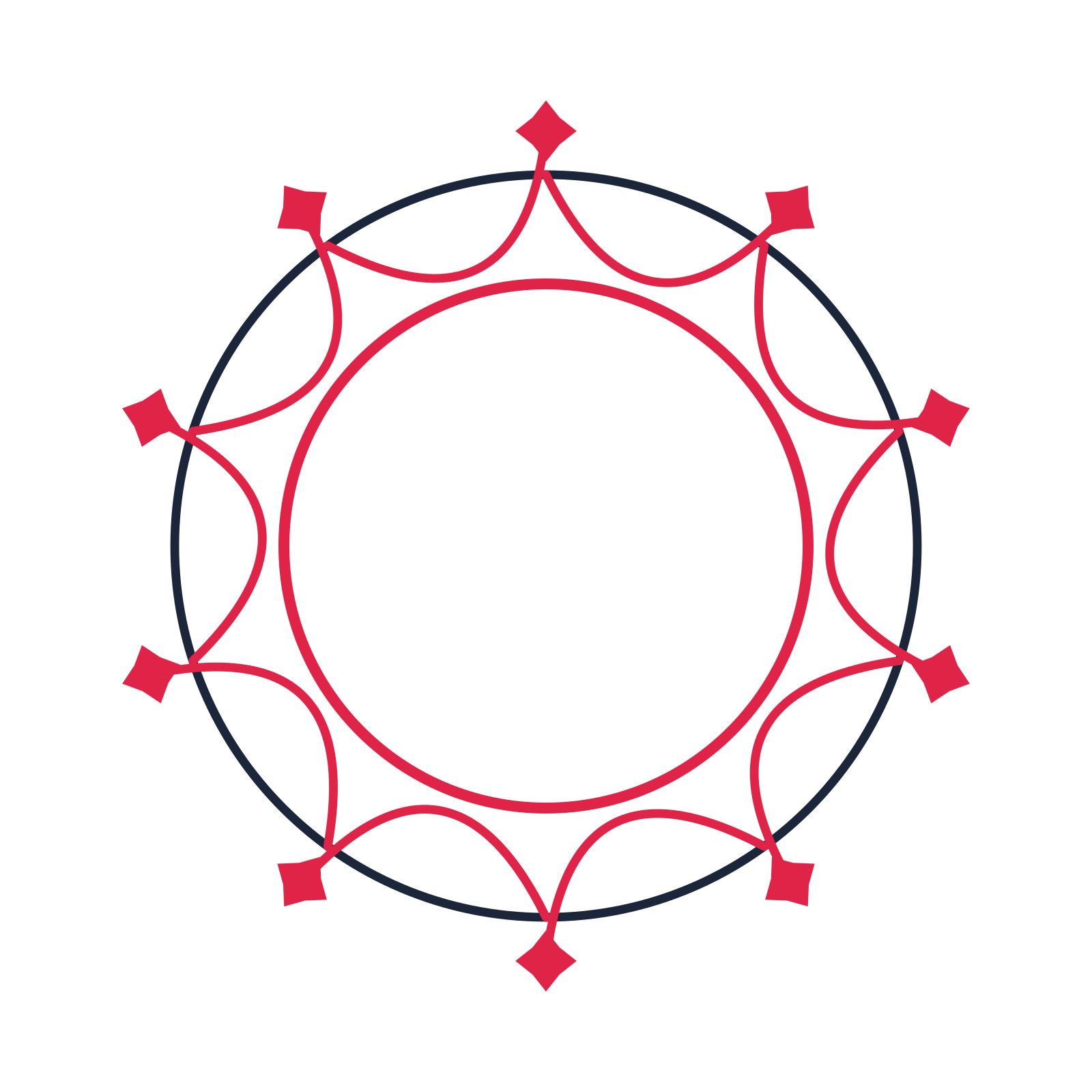 A circular emblem with 10 diamond motifs, fine concentric rings and a interlaced structure.
