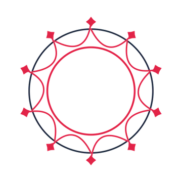 A circular emblem with 10 diamond motifs, fine concentric rings and a interlaced structure.