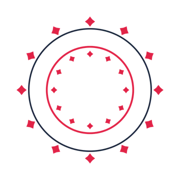 A circular emblem with 12 diamond motifs, fine concentric rings and a double orbit structure.