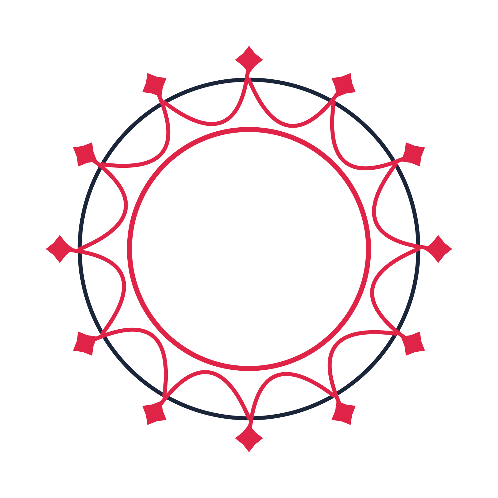 A circular emblem with 12 diamond motifs, fine concentric rings and a interlaced structure.