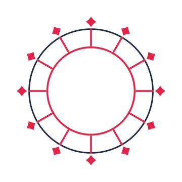 A circular emblem with 12 diamond motifs, fine concentric rings and a spokes structure.