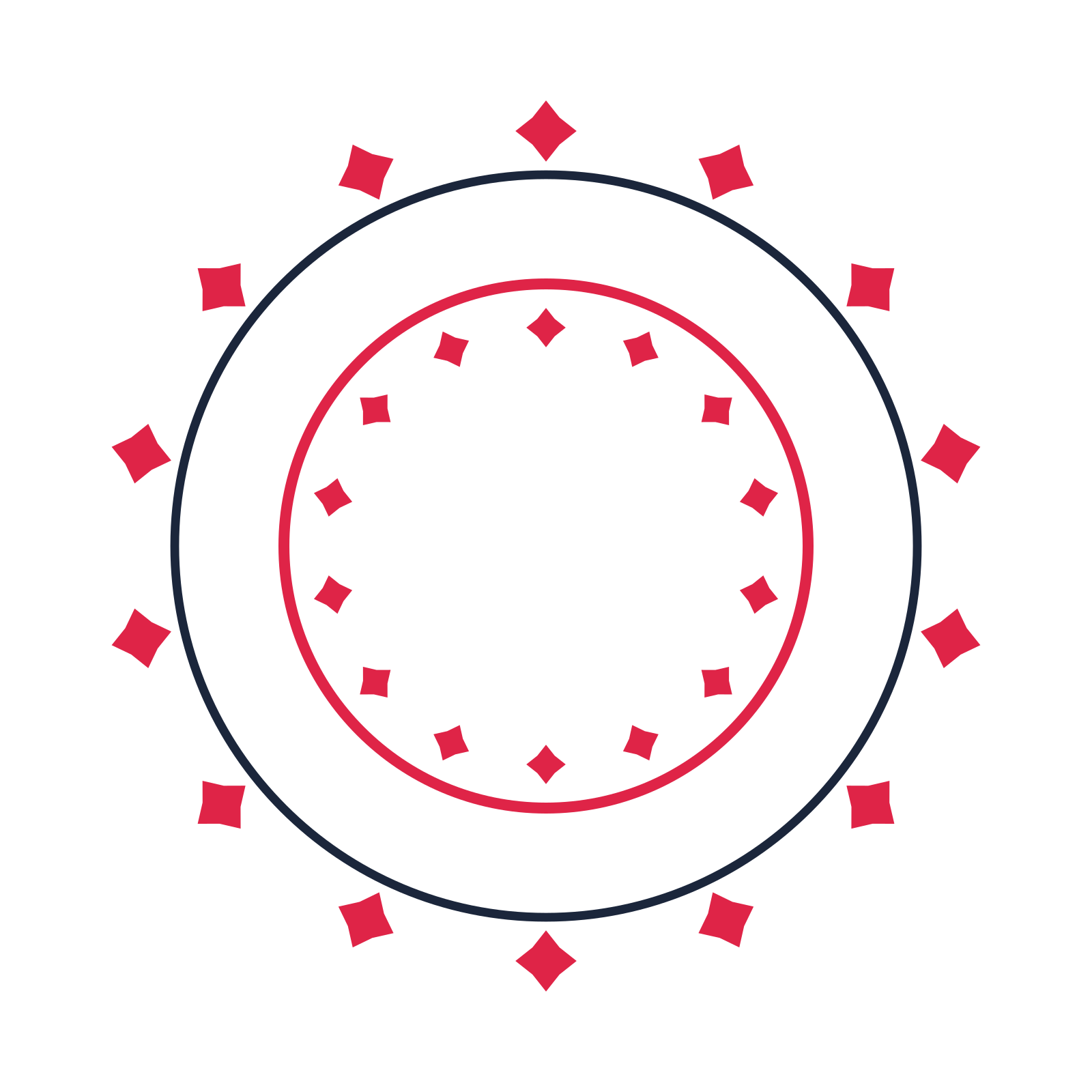A circular emblem with 14 diamond motifs, fine concentric rings and a double orbit structure.