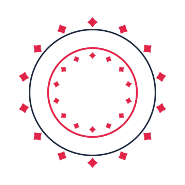 A circular emblem with 14 diamond motifs, fine concentric rings and a double orbit structure.