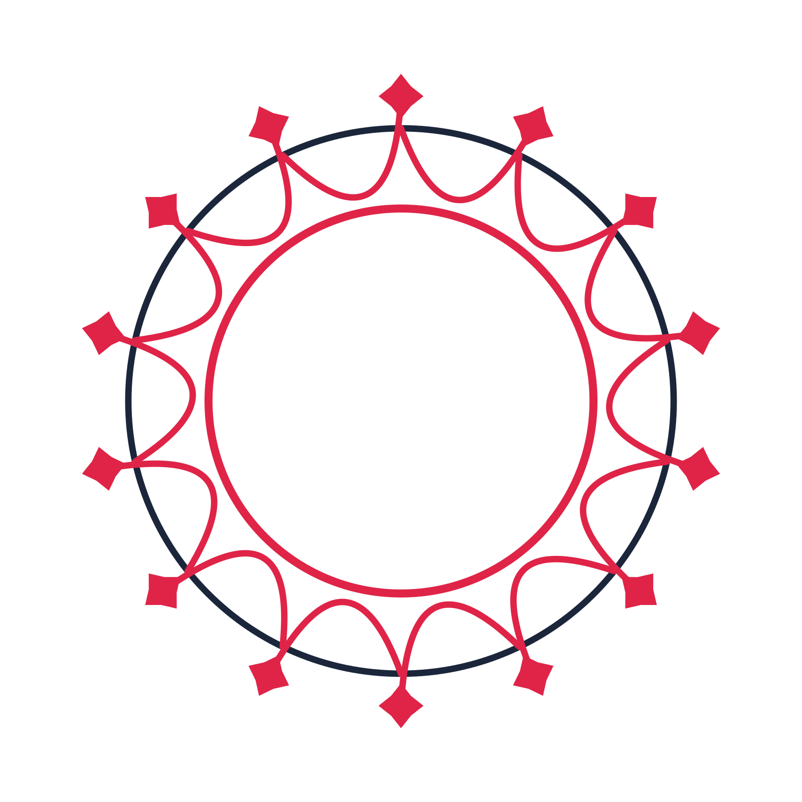 A circular emblem with 14 diamond motifs, fine concentric rings and a interlaced structure.