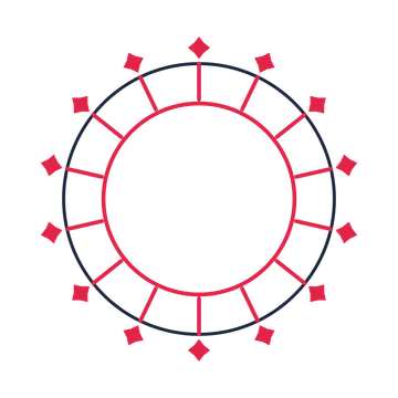 A circular emblem with 14 diamond motifs, fine concentric rings and a spokes structure.