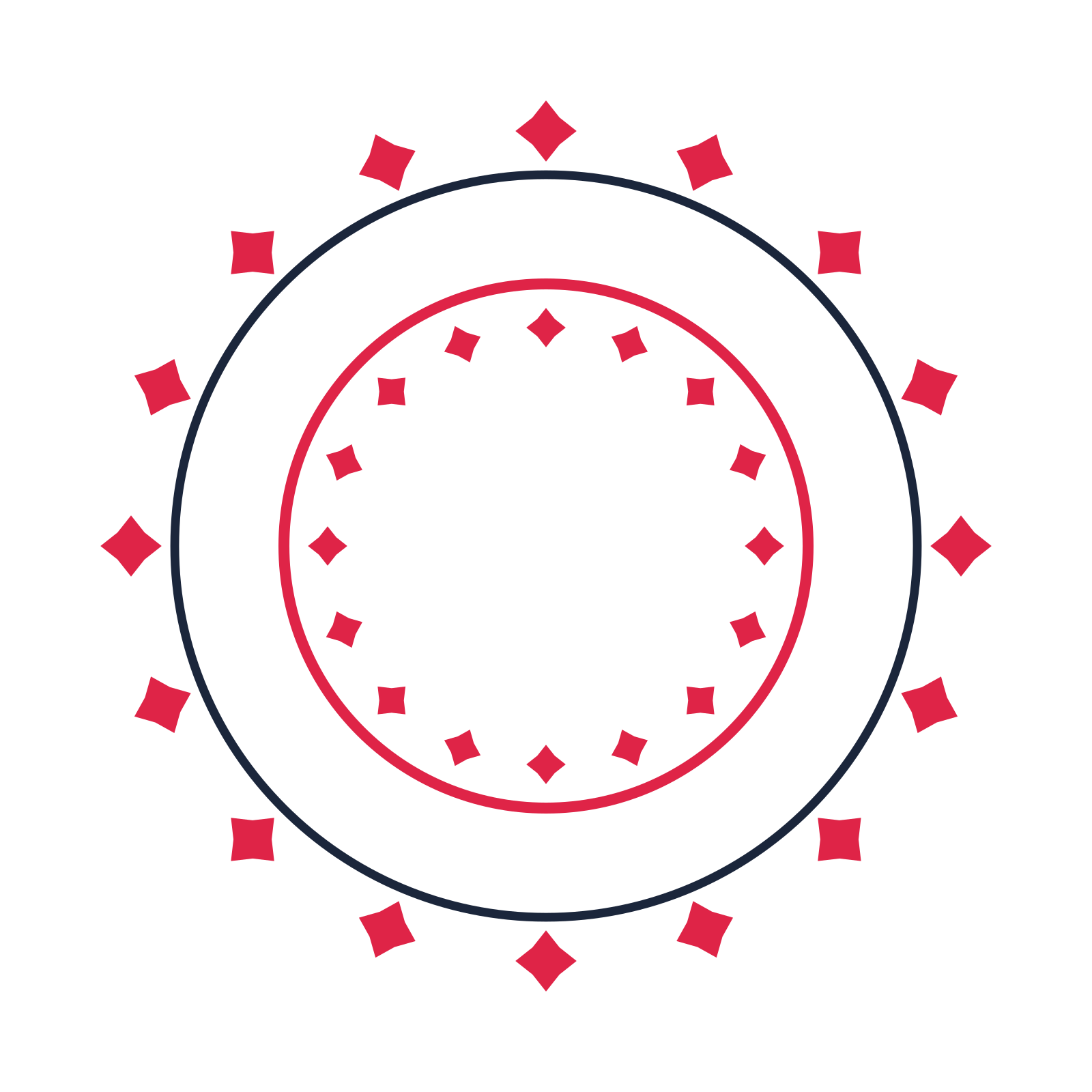 A circular emblem with 16 diamond motifs, fine concentric rings and a double orbit structure.