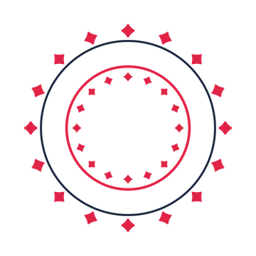 A circular emblem with 16 diamond motifs, fine concentric rings and a double orbit structure.