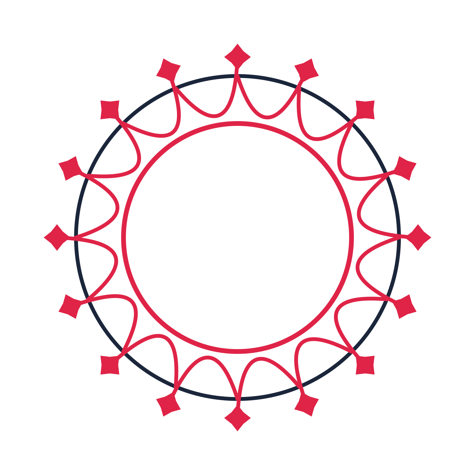 A circular emblem with 16 diamond motifs, fine concentric rings and a interlaced structure.