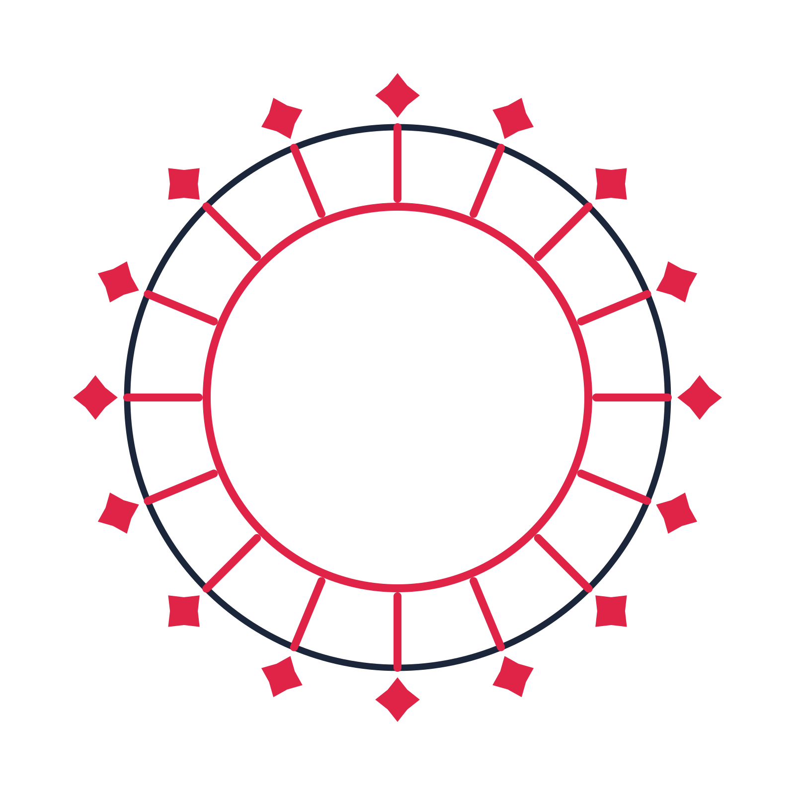 A circular emblem with 16 diamond motifs, fine concentric rings and a spokes structure.