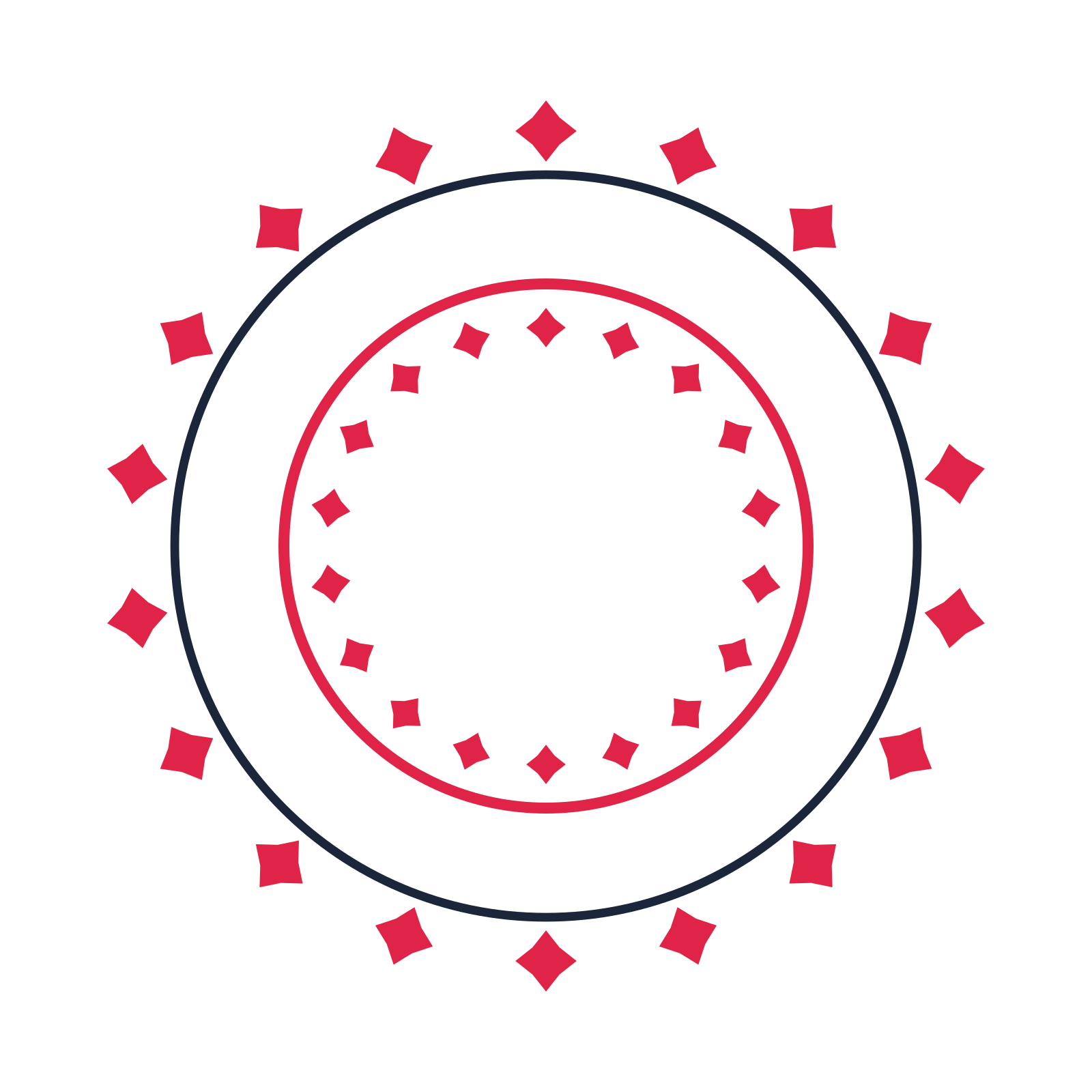 A circular emblem with 18 diamond motifs, fine concentric rings and a double orbit structure.