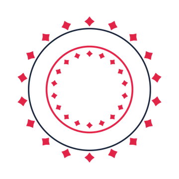 A circular emblem with 18 diamond motifs, fine concentric rings and a double orbit structure.