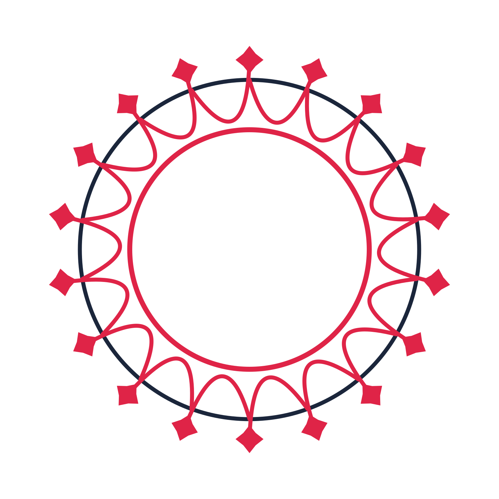 A circular emblem with 18 diamond motifs, fine concentric rings and a interlaced structure.