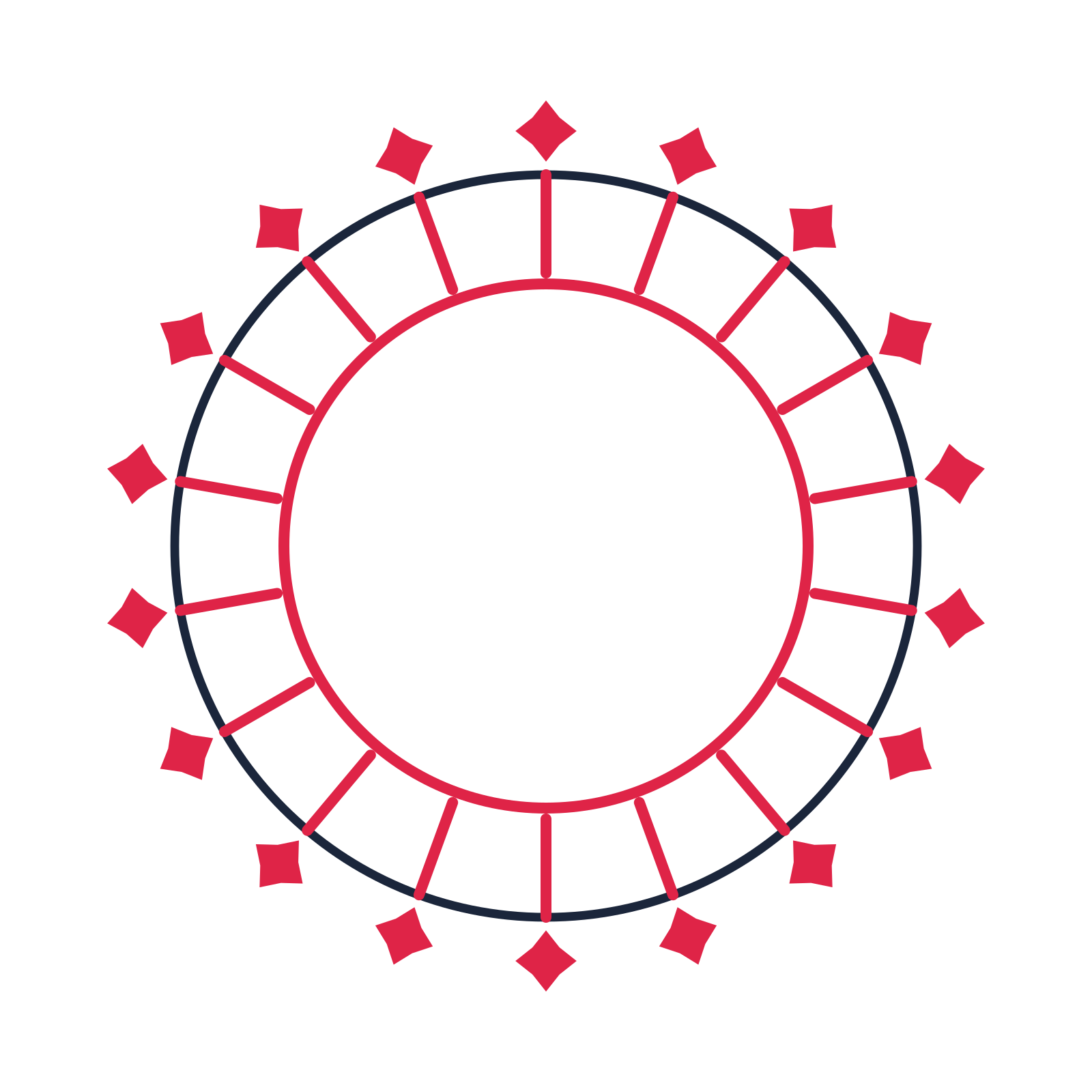A circular emblem with 18 diamond motifs, fine concentric rings and a spokes structure.