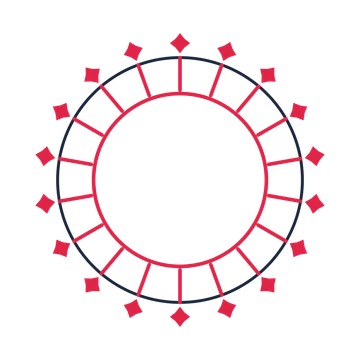 A circular emblem with 18 diamond motifs, fine concentric rings and a spokes structure.