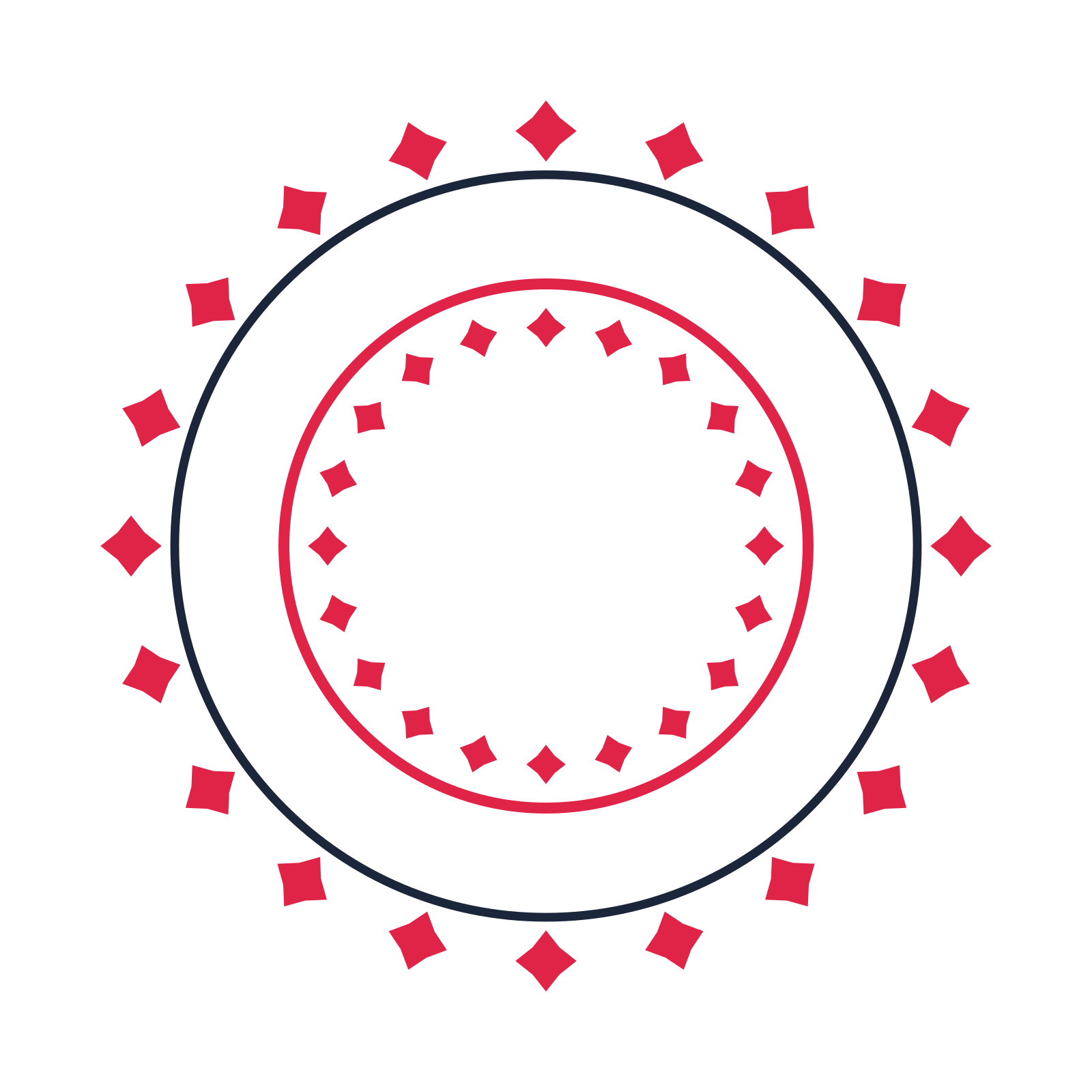 A circular emblem with 20 diamond motifs, fine concentric rings and a double orbit structure.