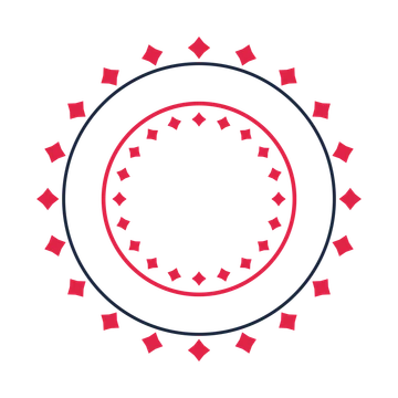 A circular emblem with 20 diamond motifs, fine concentric rings and a double orbit structure.