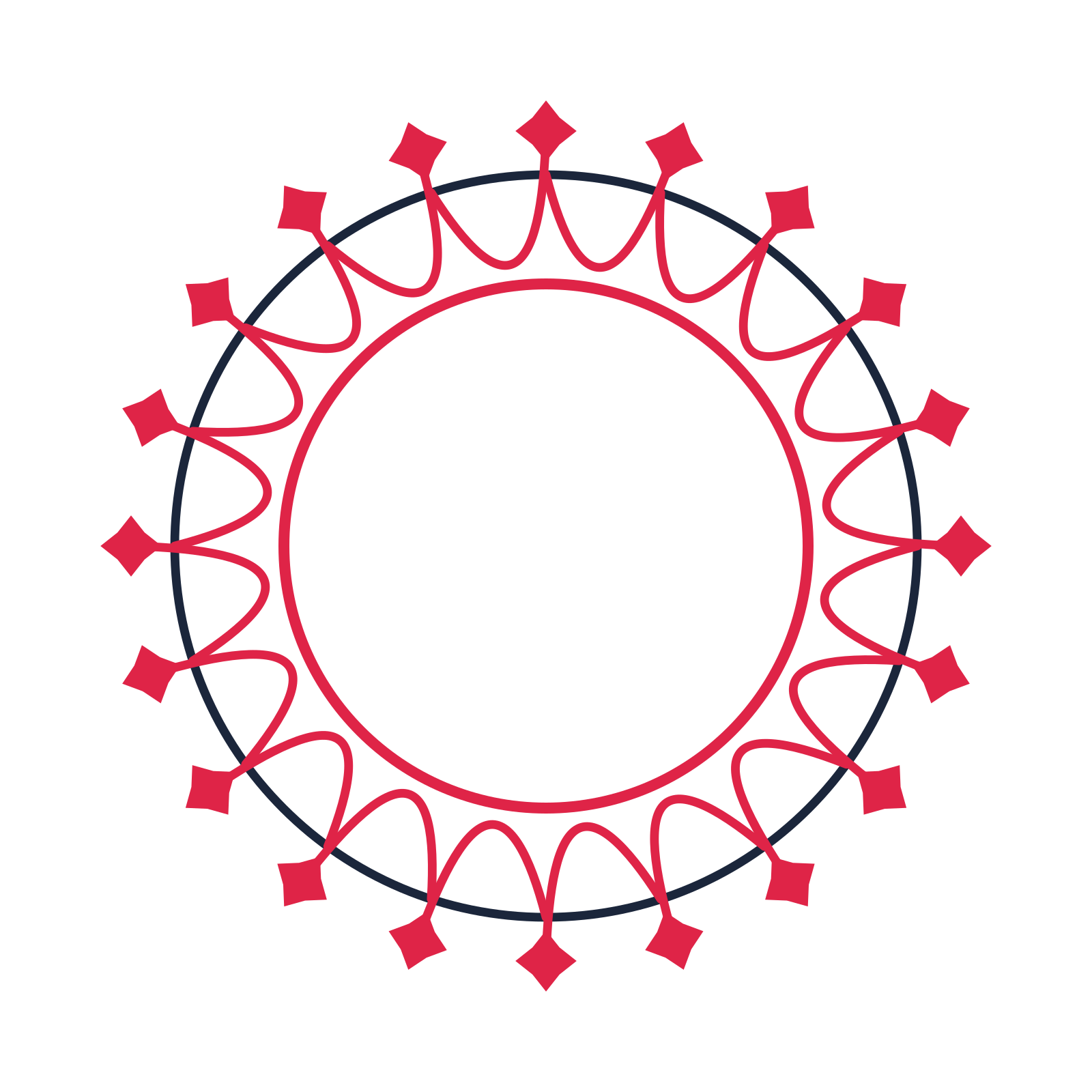 A circular emblem with 20 diamond motifs, fine concentric rings and a interlaced structure.