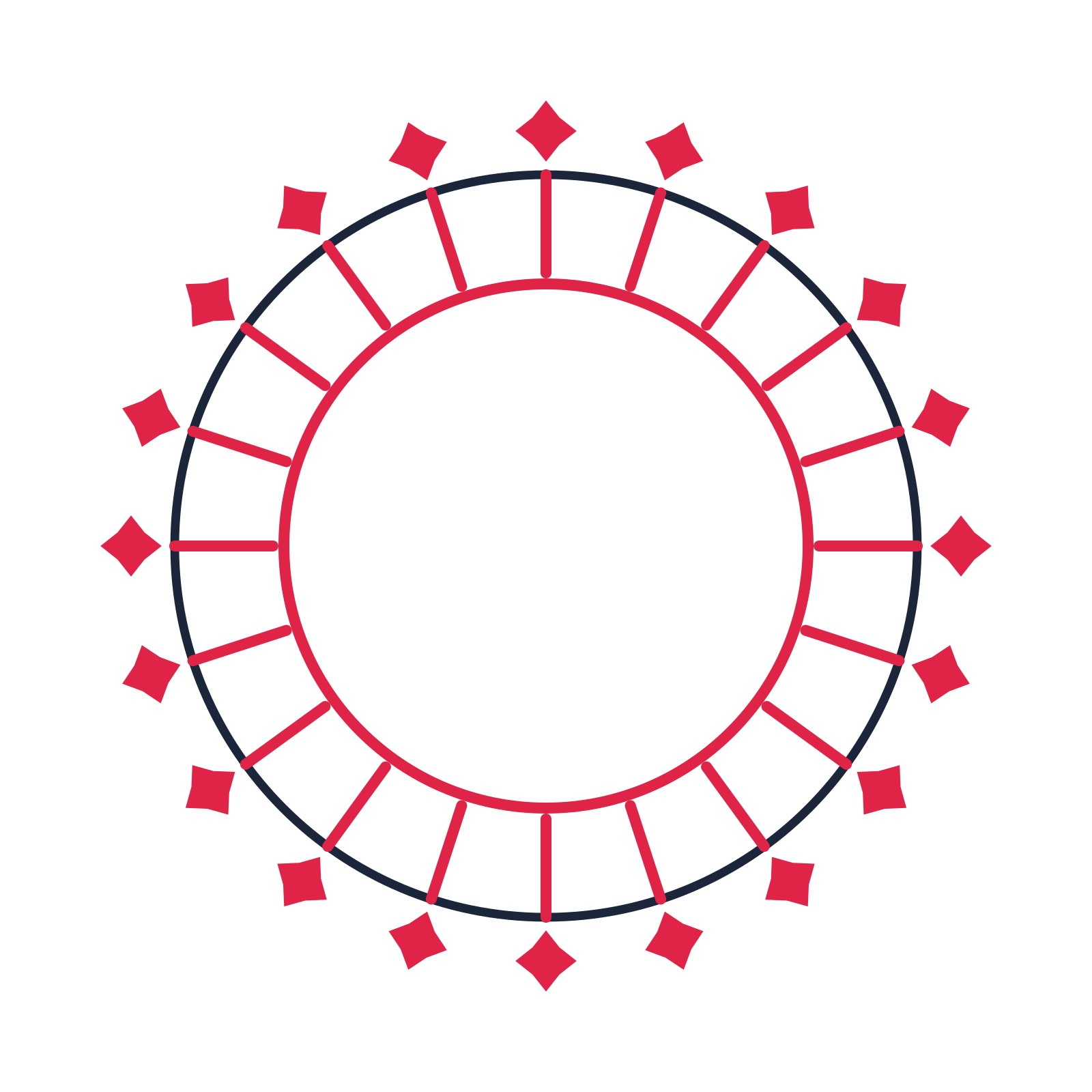 A circular emblem with 20 diamond motifs, fine concentric rings and a spokes structure.