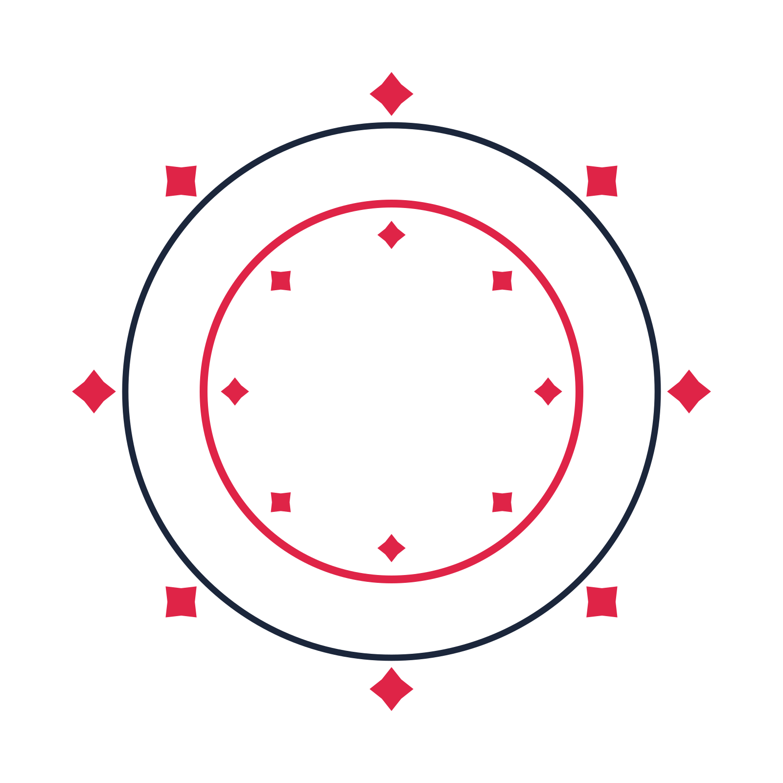 A circular emblem with 8 diamond motifs, fine concentric rings and a double orbit structure.
